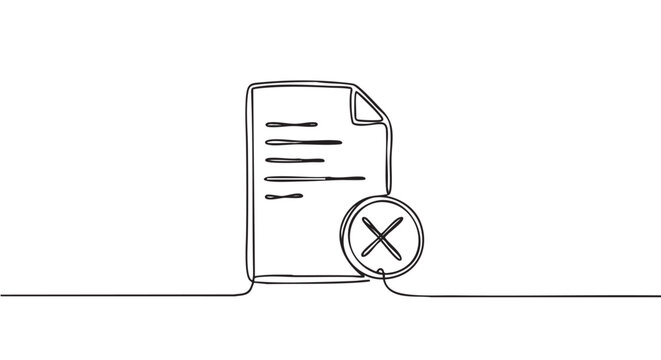 Continuous one line drawing of a rejected document with a cross mark symbol representing failure, error, or cancellation in a minimalist doodle style illustration