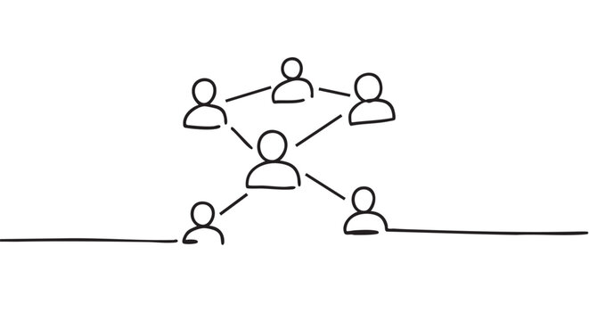 Hand drawn black line art people icons connected in a social network structure, a minimalist doodle illustration representing teamwork, community, and organizational hierarchy