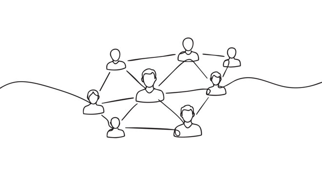 Continuous single line drawing of people icons connected in a network structure representing community, teamwork, and social connection in a minimalist doodle style