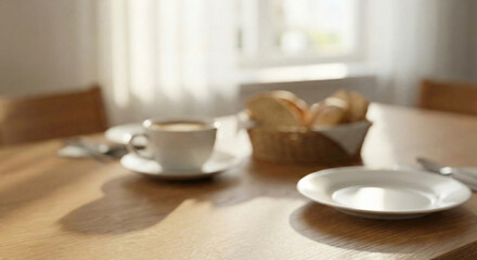 Blurred Background of Dining Table with Morning Natural Light - Ideal Interior Material for Breakfast and Lifestyle