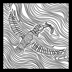 Tribal Line Art Illustration of a Kingfisher Bird Catching a Fish