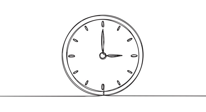 Continuous one line drawing of a clock showing three o'clock in a minimalist hand-drawn sketch style, representing time management, deadlines, and scheduling concepts