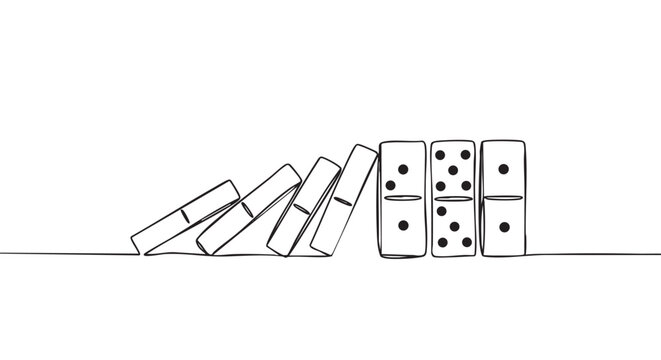 Continuous line drawing of dominoes falling in a row, illustrating the concept of a chain reaction and cause and effect in a minimalist, hand-drawn doodle style