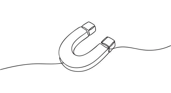 Horseshoe magnet illustrated with one continuous black line in a minimalist and modern contour drawing style, symbolizing attraction and magnetic fields