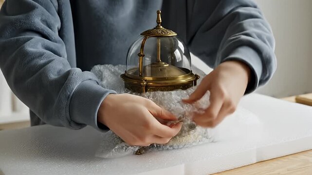 Video sequence showing bubble wrap wrapping antique clock in studio.