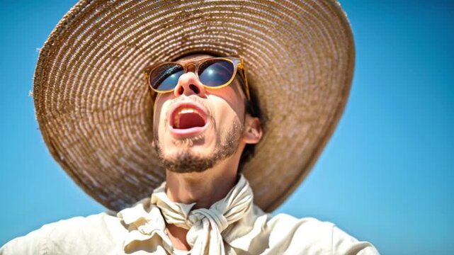 Comedic Man Fighting Strong Breeze in Giant Sunhat, Outdoor Humor