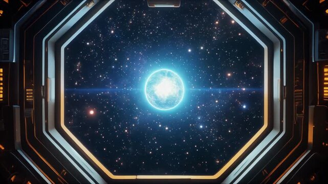 Futuristic spaceship cockpit interior looking out through octagonal window at bright blue star in deep space