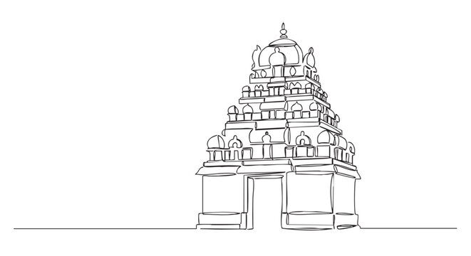 Continuous one line drawing of a Hindu temple gopuram tower with ornate architectural details in a minimalist black and white sketch style for spiritual and cultural concepts