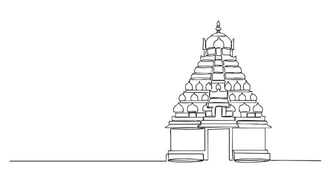 Continuous single line drawing of a Hindu temple gopuram with ornate architectural details, rendered in a minimalist black and white style for a clean and elegant look