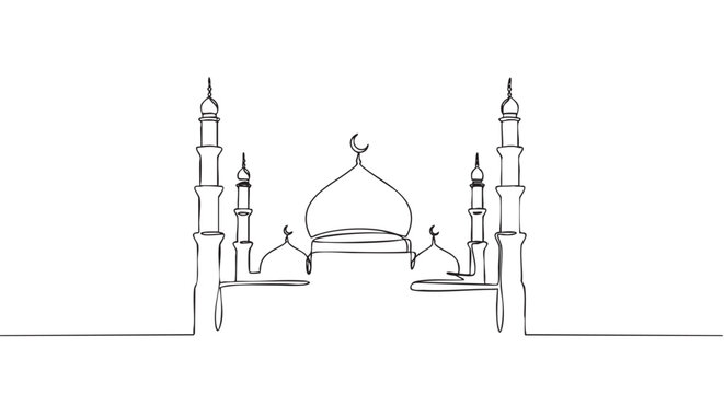 Continuous one line drawing of a mosque with domes and minarets in a minimalist black and white sketch style for Ramadan Kareem or Eid al-Fitr celebrations