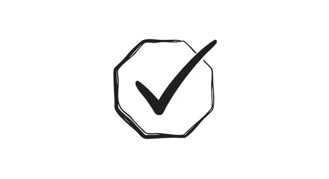 Hand-drawn black check mark icon inside a sketchy octagonal frame, a minimalist doodle symbolizing approval, success, confirmation, and task completion