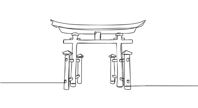 Traditional Japanese Torii gate drawn in a continuous single line style, showcasing minimalist black and white artwork of the iconic Shinto shrine entrance landmark