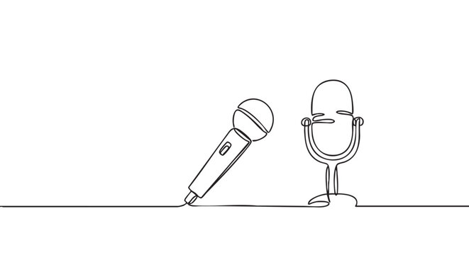 Two microphones drawn in a single continuous line art style, featuring a modern handheld mic and a retro studio microphone for podcasting, broadcasting, or music recording concepts