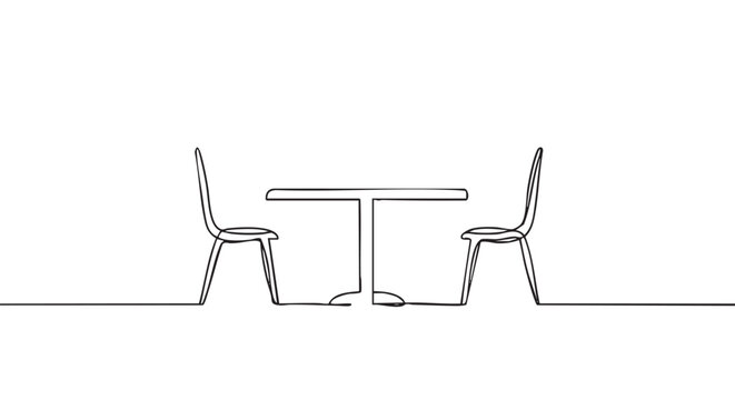 Two empty chairs facing each other across a small table, a minimalist continuous one-line drawing illustration representing a conversation, meeting, or interview