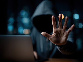 Hacker in dark hoodie sitting in front of laptop with blurred city lights in the background holding hand up as if blocking camera or signaling stop or warning gesture