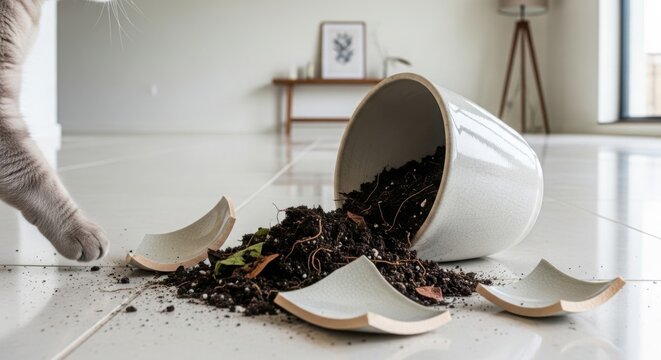 Domestic cat paw near broken plant pot, scattering soil on clean tiled floor, creating household mess. Ceramic pieces, spilled dirt from broken plant pot, show common pet accidents in modern home.