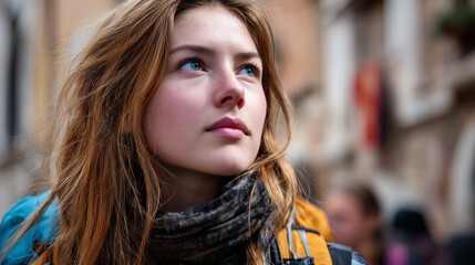 Obraz premium Close-up portrait of a young female traveler with windswept hair and blue eyes, looking up thoughtfully, embodying adventure and wanderlust in an urban setting