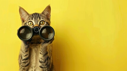 A tabby cat holds binoculars in front of a bright yellow background. The cat has distinctive stripes and large, curious eyes.