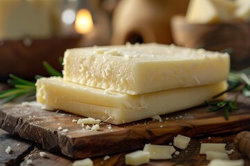 Two thick slices of delicious cheese sit on a wooden cutting board, garnished with rosemary, creating a rustic and inviting scene