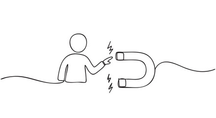 Obraz premium Simple continuous line drawing depicts a stick figure person pointing towards a U-shaped magnet with lightning bolts symbolizing attraction and influence
