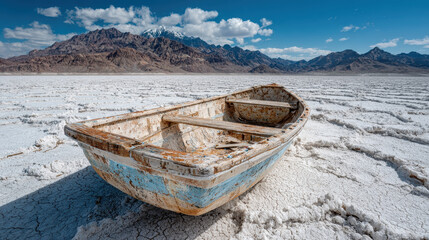 Rusty old boat stranded on cracked dry salt flat under blue sky with mountain range in background midday desert landscape