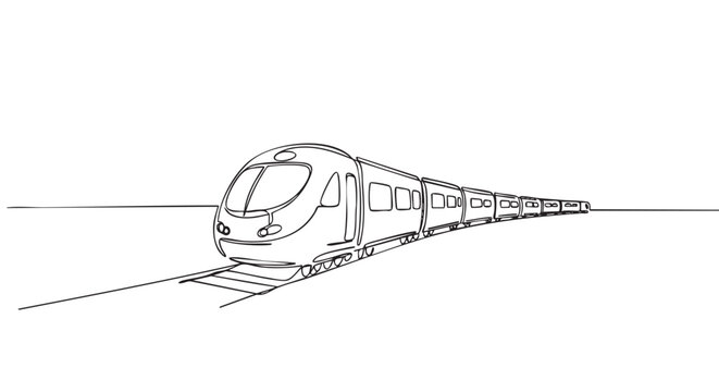 Sleek modern passenger train illustration with multiple carriages is depicted in a continuous single line art style, conveying movement and speed on a railway track
