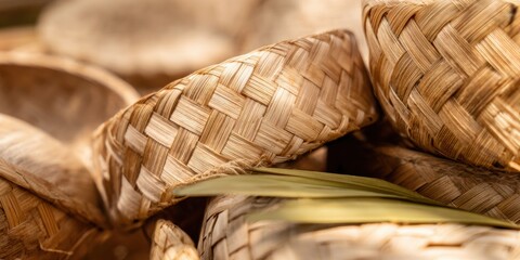 Obraz premium Handcrafted Woven Bamboo Baskets Displaying Traditional Craftsmanship and Intricate Textures for Local Market Advertising and Sustainable Product Promotion