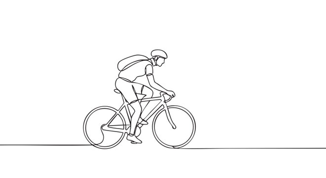 Continuous line drawing of a cyclist wearing a helmet and backpack, actively pedaling a bicycle in a dynamic side profile view, rendered with a minimalist aesthetic