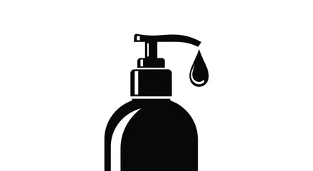 Black dispenser bottle with a drop of liquid on a white background symbolizing soap or sanitizer