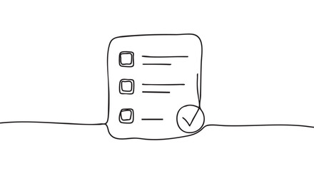 Simple hand-drawn checklist icon, rendered with a single continuous black line, features three checkboxes and text lines, with a completed task marked by a checkmark in a circle