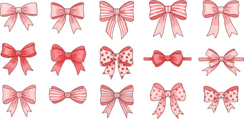 Pink ribbon bow collection with striped and polka dot gift wrapping decorations isolated on white background cute decorative cartoon vector illustration set © MdAbdul