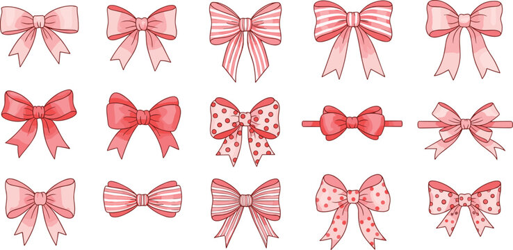 Pink ribbon bow collection with striped and polka dot gift wrapping decorations isolated on white background cute decorative cartoon vector illustration set