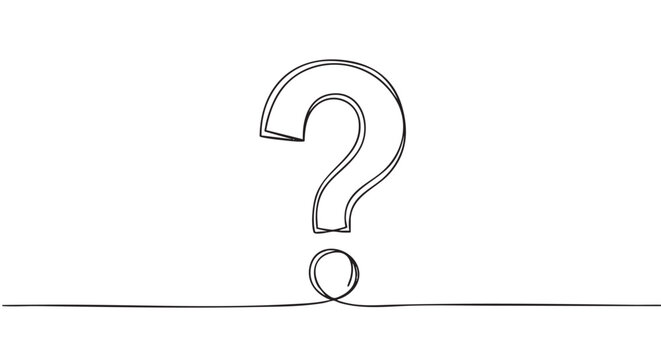 Minimalist continuous line art question mark symbol is elegantly drawn with a double outline, conveying curiosity and inquiry in a clean graphic style