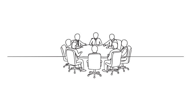 Continuous line drawing of business people meeting around a round table, illustrating collaboration, teamwork, and discussion in a minimalist, modern style