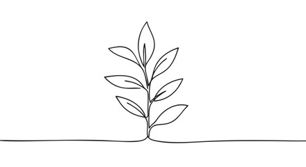 Obraz premium Minimalist continuous line art drawing of a plant stem with multiple leaves growing upwards from a single horizontal stroke, rendered in elegant black ink
