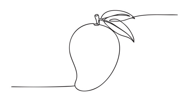 Minimalist continuous line art mango fruit with a small stem and two delicate leaves is elegantly drawn in black on a clean canvas, showcasing a simple and modern aesthetic