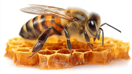 Detailed macro photograph of a European honey bee resting on a fresh honeycomb, isolated on white background, representing organic honey production and nature's sweetness