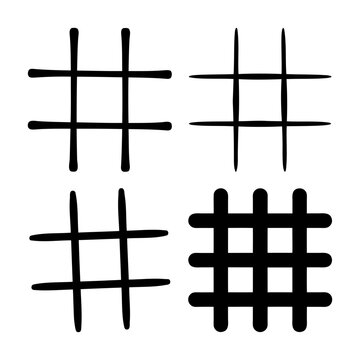 Collection of diverse hand-drawn and stylized hash symbols on white background