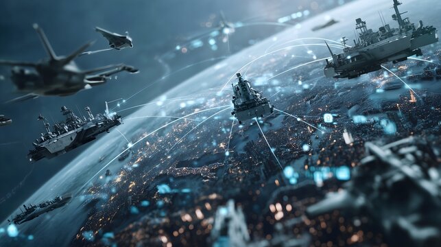 Futuristic global defense network with military ships and aircraft over Earth, high tech world security and digital war concept background