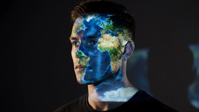 Creative portrait of a man with the world map projected onto his face expressing global awareness