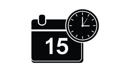 Obraz premium Black calendar icon with clock and date 15 on white background symbolizing schedule and time management