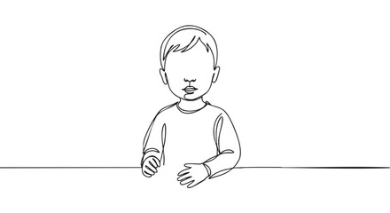 Minimalist continuous line drawing of a young child with hands resting on a horizontal line, depicted in a simple, abstract art style