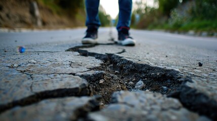 Fototapeta na wymiar A cracked road surface with a person standing nearby. The scene illustrates the impact of natural disasters on infrastructure.