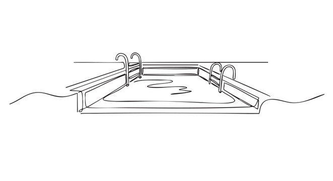 Minimalist continuous line art drawing of a swimming pool with two ladders and wavy water, rendered in a simple, elegant illustration style