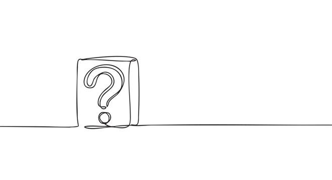 Continuous line drawing of a rectangular box containing a large question mark, rendered in a minimalist artistic style with a single flowing black stroke