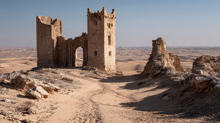 Ancient ruined stone fortress tower standing isolated in vast sandy desert landscape under clear blue sky with scattered rocky formations and distant sand dunes