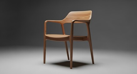 Fototapeta premium Minimalist wooden armchair with smooth curves and a natural finish standing on a light gray surface against a dark gray background in a studio setting