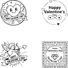 Ultimate Valentine's Day Graphic Collection Diverse Black and White Set Featuring Elegant Script, Modern Badges, Retro Cupid Mascots, and Decorative Heart Frames.