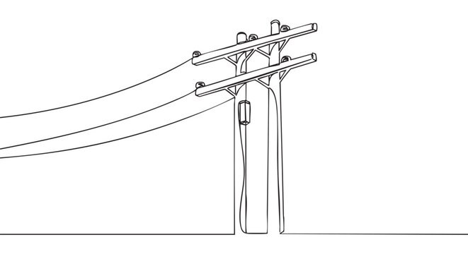 Continuous line drawing of a utility pole with power lines, depicted in a minimalist, modern, and artistic single stroke illustration
