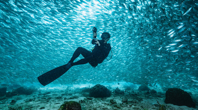 Diver exploring the ocean floor, surrounded by fusilier fish